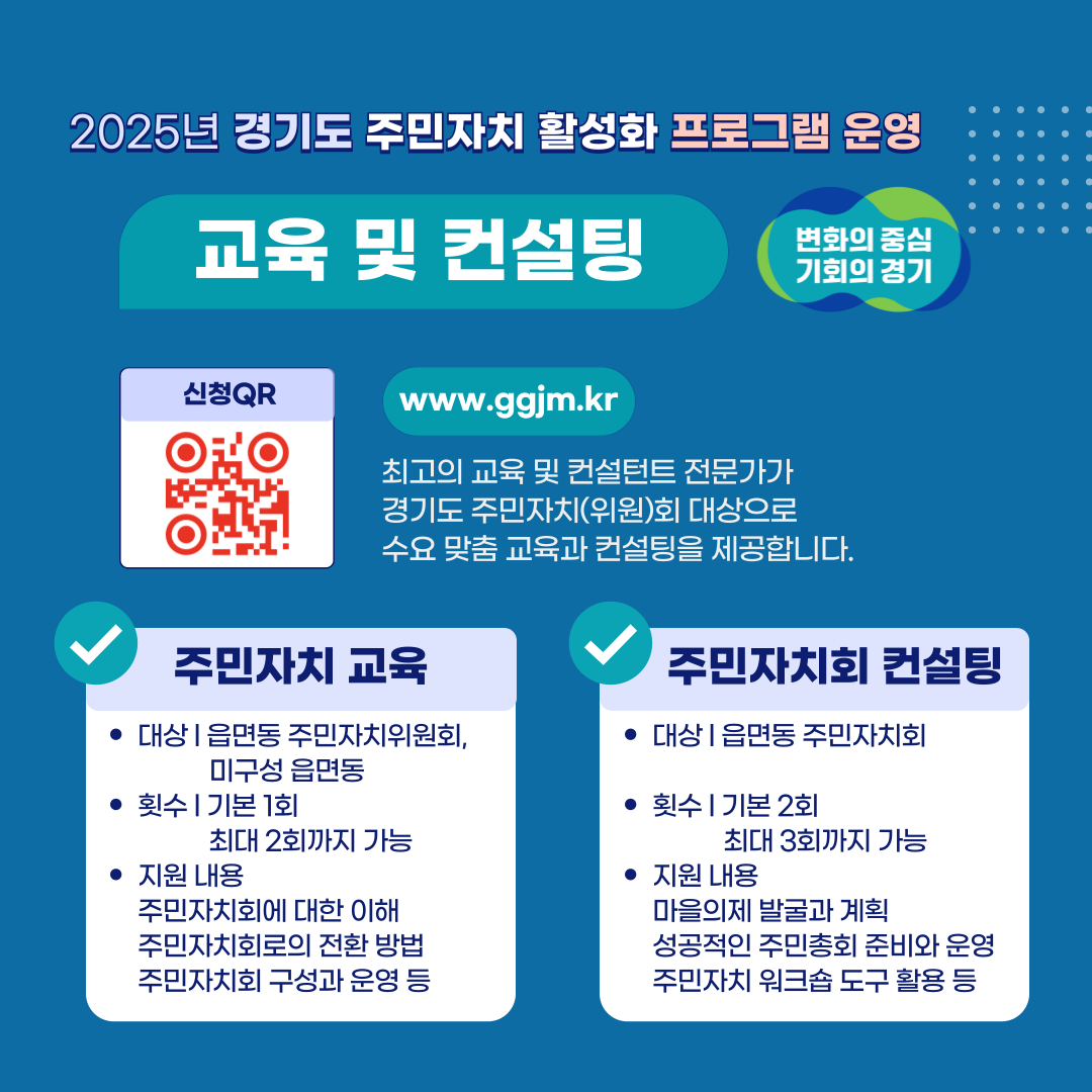 2025년 경기도 주민자치 활성화 프로그램 운영 / 교육 및 컨설팅 / 변화의 중심 기회의 경기 / 신청QR www.ggjm.kr - 최고의 교육 및 컨설턴트 전문가가 경기도 주민자치(위원)회 대상으로 수요 맞춤 교육과 컨설팅을 제공합니다. / 주민자치 교육(대상]읍면동 주민자치위원회, 미구성 읍면동, 횟수 | 기본 1회 - 최대 2회까지 가능, 지원내용 - 주민자치회에 대한 이해, 주민자치회로의 전환 방법,주민자치회 구성과 운영 등) / 주민자치회 컨설팅(대상 | 읍면동 주민자치회, 횟수 | 기본 2회 - 최대 3회까지 가능, 지원 내용 - 마을의제 발굴과 계획, 성공적인 주민총회 준비와 운영, 주민자치 워크숍도구 활용 등)